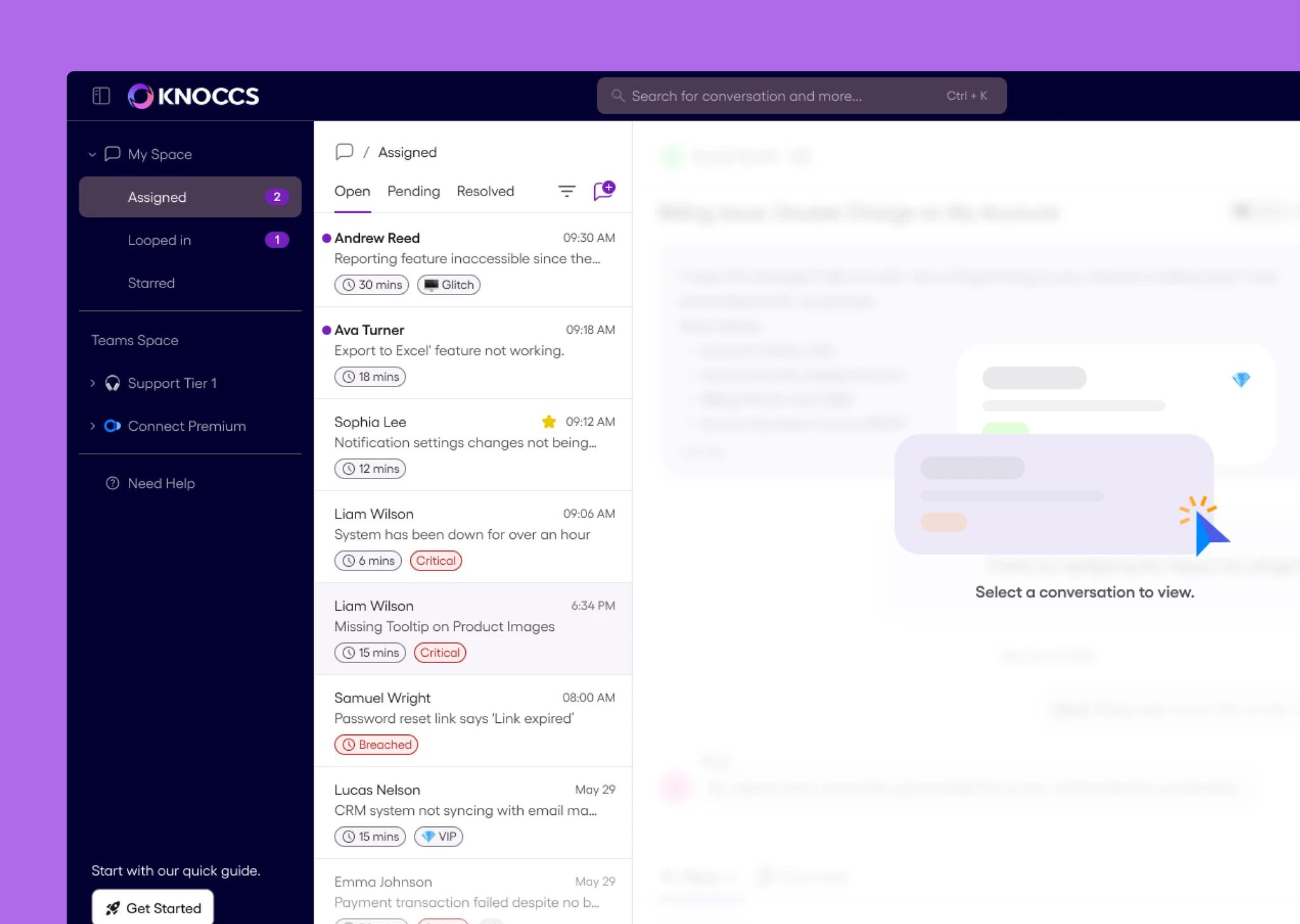 The KNOCCS support inbox, showing a conversation list with status tags and a purple sidebar built from the design system