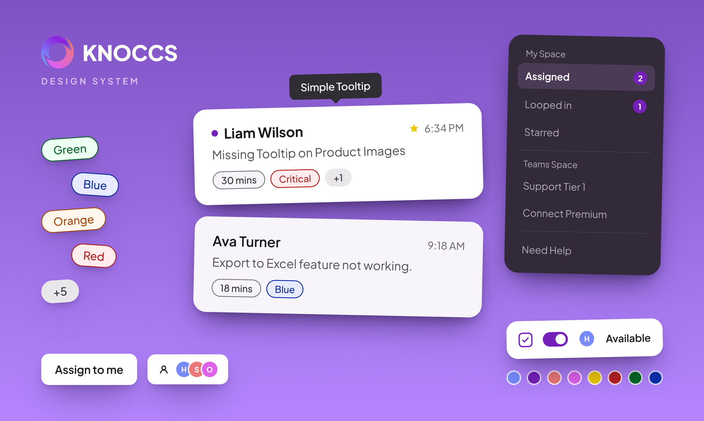 KNOCCS support inbox interface built from its design system's tags, cards and sidebar components
